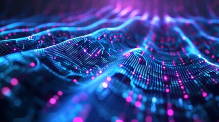 Futuristic Abstract Cybersecurity Data Stream Wave with Neon Blue and Pink Lights