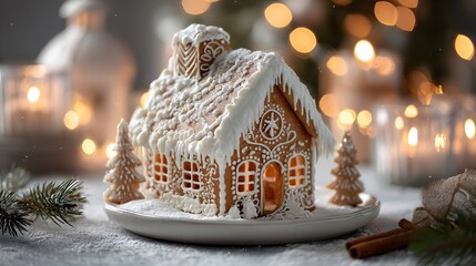 festive gingerbread house decorated with icing snow and warm candlelight bokeh creating a cozy christmas holiday atmosphere