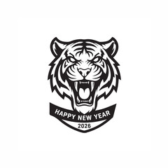 Dynamic Black and White Roaring Tiger Head Logo with Happy New Year 2026 Ribbon