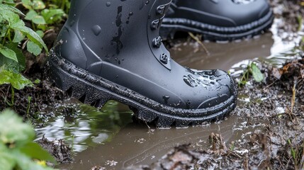 Black waterproof boots stepping through muddy puddle on a rainy day in a garden setting by the edge of a green area