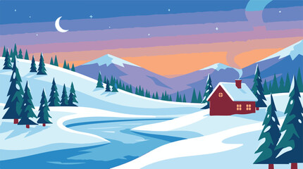 Illustrative winter landscape with a cozy cabin, snow, mountains, and river.