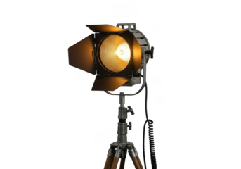 Vintage fresnel film spotlight with barn doors on a tripod stand, isolated on transparent background