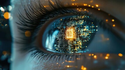 Video A close-up of a person's eye with a circuit embedded in the iris, suitable for technology or sci-fi themed projects