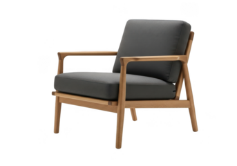Modern dark grey armchair with wooden frame isolated on transparent background