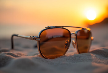 Aviator sunglasses amber lenses silver frame on beach at golden sunset