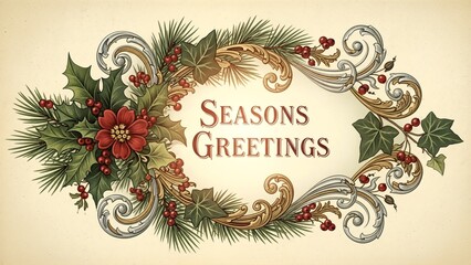 Classic Seasons Greetings with festive holly, red berries, pine, and elegant scrollwork frame