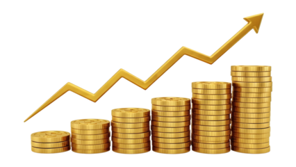 Financial growth concept with stacked coins and rising chart isolated on transparent background