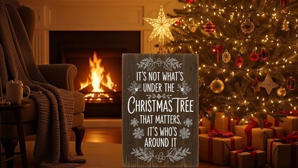 Cozy Christmas living room with a decorated tree, glowing fireplace, and a wooden sign featuring a heartwarming holiday message.