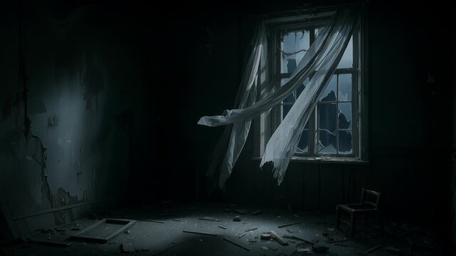 Tattered drapes frame deteriorated interior with scattered debris and broken furniture. Lockdown wide shot of neglected room.