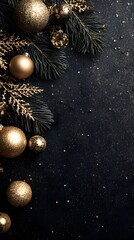 Elegant Black Christmas Background with Bronze Glitter Ornaments, Fir Branches, and Copy Space

