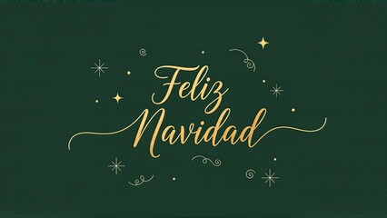 Feliz Navidad golden script on dark green background with festive stars and swirls, Christmas greeting.