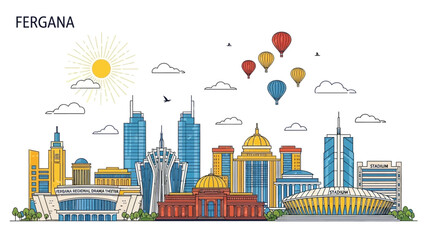 Obraz premium Fergana Uzbekistan City Skyline Outline Art - Vibrant Architectural Panorama with Modern and Traditional Buildings, Hot Air Balloons, and Sunny Sky Illustration