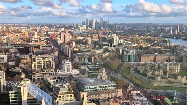  Beautiful panorama of London at sunset, view from the 40th floor include Canary Wharf on distance 