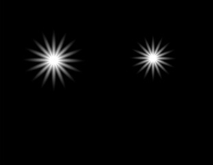 Fototapeta premium Two bright starbursts on a dark background, one larger than the other, Two luminous starbursts, one prominent and the other smaller, illuminate the deep black void with their radiant energy