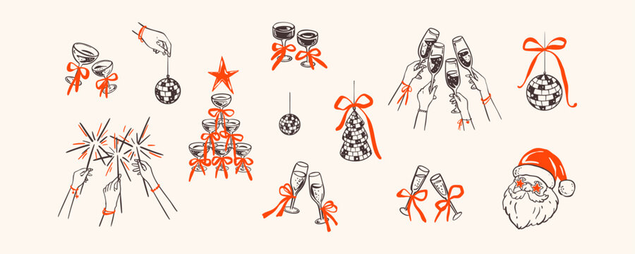 Whimsical Christmas doodle set with disco ball, champagne tower and festive elements. Coquette style illustration perfect for holiday party cards and celebrations. Quirky xmas party dj Santa