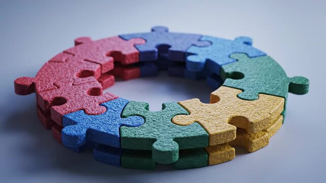 Colorful interlocking puzzle pieces form a circular ring against a soft blue background, textured.!!