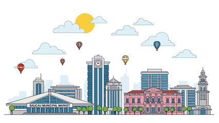 Obraz premium Stylized Flat Design City Skyline Illustration with Modern Urban Architecture, Hot Air Balloons, and Clouds, Perfect for Travel, Real Estate, and Digital Graphics
