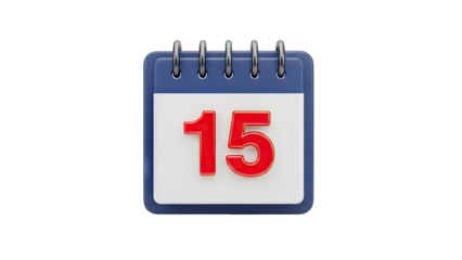 A 3D render of a calendar showing the 15th day of the month isolated on a transparent background with a blue border and white pages with bold red numbers