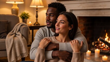 Happy interracial couple hugging by a warm fireplace at home. Young man and woman in love sharing a romantic moment together in a cozy living room