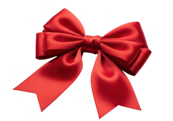 A beautiful red satin bow with flowing loops and tails, presented isolated on a transparent background