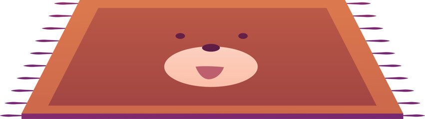A soft brown rectangular rug with tassels and a bear face.