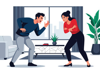 Flat vector illustration of a young couple arguing with expressive gestures, ideal for relationship issues content, communication guides, and emotional awareness materials