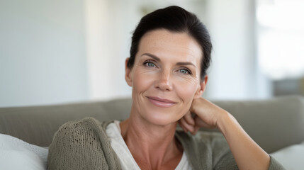 Smiling Woman Relaxing on Couch in Modern Home Interior