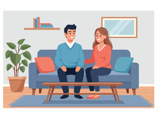 Modern flat illustration of a young couple sharing a calm conversation with warm smiles, ideal for communication guides, relationship education, and lifestyle visuals