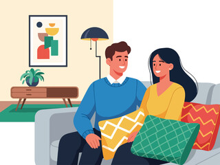 Modern flat illustration of a young couple sharing a calm conversation with warm smiles, ideal for communication guides, relationship education, and lifestyle visuals
