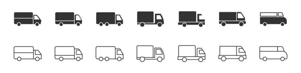 Delivery truck icon set. Contains such icons as Logistics Services, Delivery Incidents, Loading and Unloading. Editable stroke. Cargo van icon. Line and glyph delivery truck. Shipping lorry