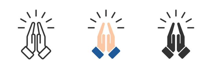 Prayer and Respect icon set. Pray icon collection, religion and prayer, hands praying icon set, linear pattern on white background. Sign of gratitude with folded hands. Vector