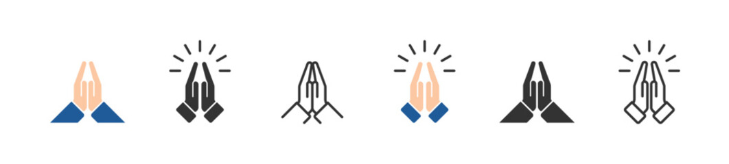 Prayer and Respect icon set. Pray icon collection, religion and prayer, hands praying icon set, linear pattern on white background. Sign of gratitude with folded hands. Vector