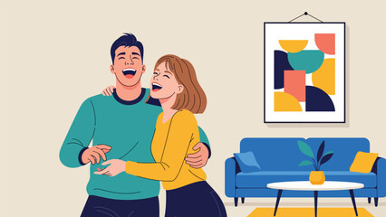 Modern flat illustration of a young couple laughing together, ideal for positivity campaigns, relationship visuals, lifestyle designs, and emotional wellbeing content