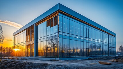 Sunset over the city park architecture, featuring glass office buildings, a bridge, and hothouse agriculture under a summer sky