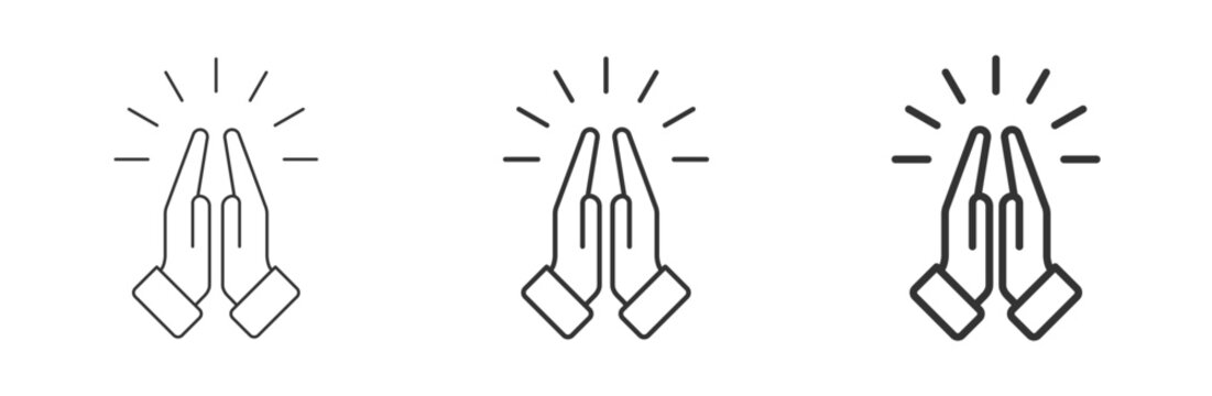 Prayer and Respect icon set. Pray icon collection, religion and prayer, hands praying icon set, linear pattern on white background. Sign of gratitude with folded hands. Vector