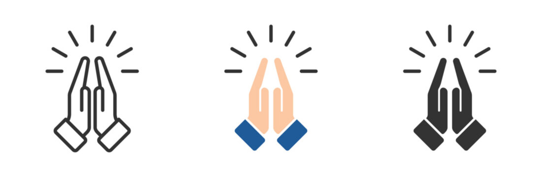 Prayer and Respect icon set. Pray icon collection, religion and prayer, hands praying icon set, linear pattern on white background. Sign of gratitude with folded hands. Vector