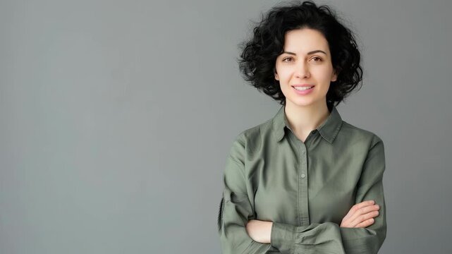 A woman stands confidently with crossed arms, smiling against a simple background, showcasing a relaxed and approachable demeanor