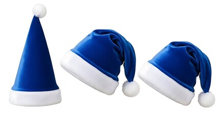 Three blue Santa hats with white trim on white background Keywords: santa hat, christmas hat © shiuli