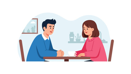 Modern flat illustration of a couple having a heartfelt conversation in a café, ideal for relationship communication content and lifestyle visuals