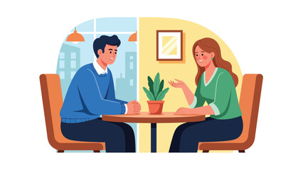 Modern flat illustration of a couple having a heartfelt conversation in a café, ideal for relationship communication content and lifestyle visuals