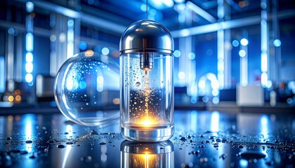 Energy Confinement: A gleaming, futuristic vessel encapsulates a concentrated burst of radiant energy, poised to power the future. Evokes a sense of innovation and scientific breakthrough.