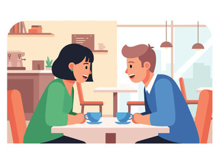 Modern flat illustration of a couple having a heartfelt conversation in a café, ideal for relationship communication content and lifestyle visuals