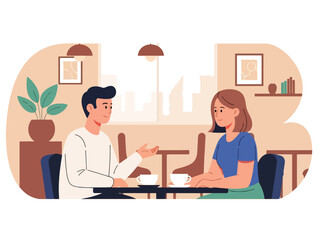 Modern flat illustration of a couple having a heartfelt conversation in a café, ideal for relationship communication content and lifestyle visuals