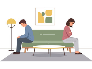 Flat vector artwork of a couple experiencing emotional distance, ideal for relationship counseling, emotional awareness graphics, and psychological themes