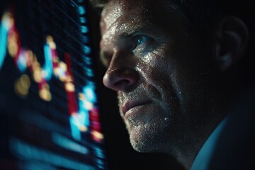 Businessman analyzing market trends during late-night work in financial office