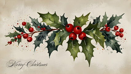 Watercolor Holly Leaves and Red Berries Christmas Background Festive Botanical Illustration