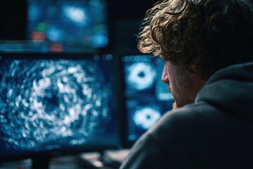 Student works on computer, studying complex data patterns at a desk in a dimly lit room during evening hours