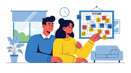 Flat vector scene of a couple planning their future together, ideal for financial planning visuals, relationship growth themes, and lifestyle content