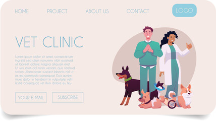 Veterinary clinic website page with doctors and sick animals.