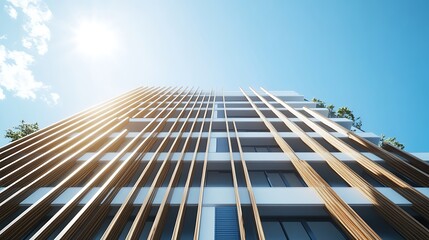 Blue glass skyscraper architecture reflects high clouds and blue sky in the tall urban tower structure